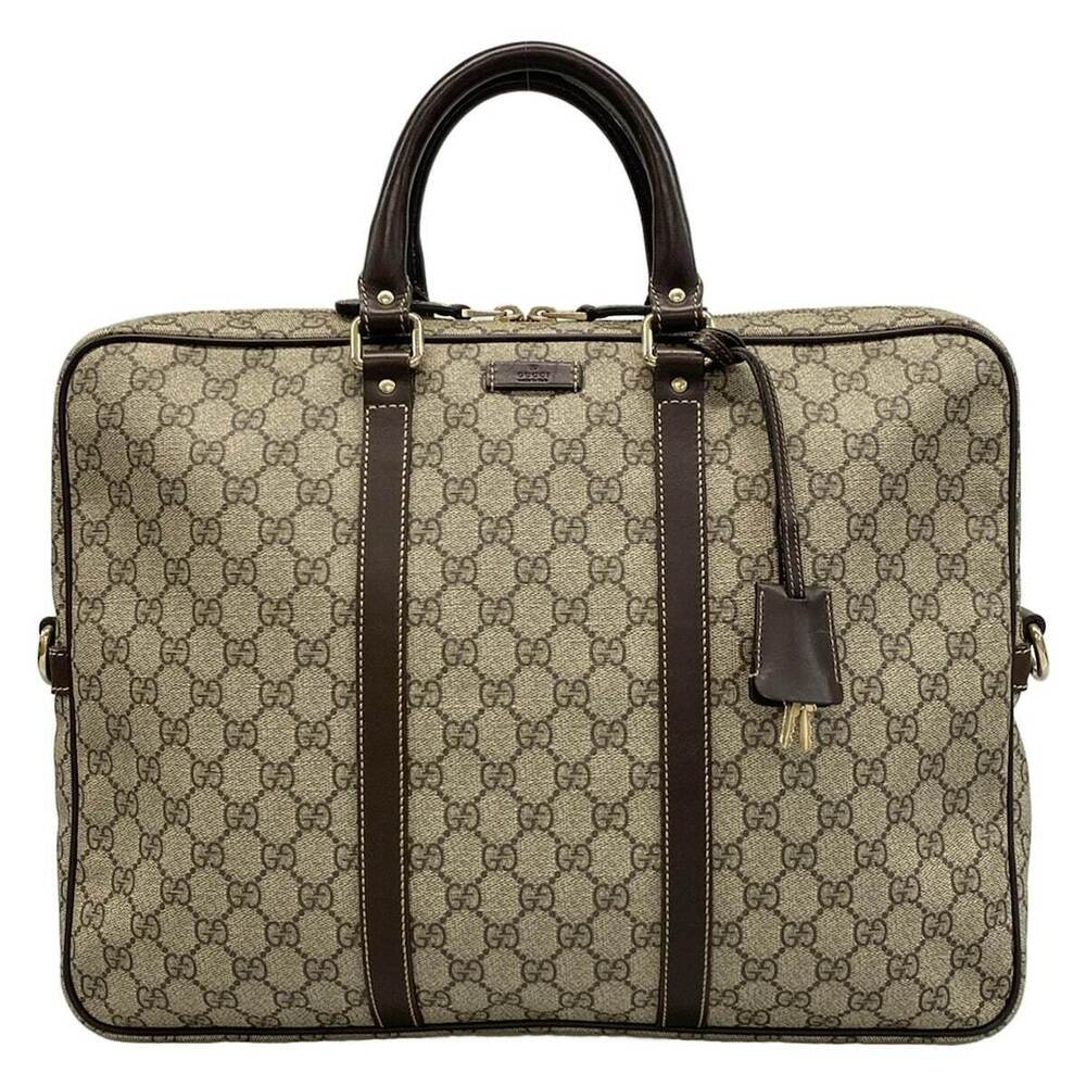 GUCCI GG Plus Supreme Business Bag Lock Dark Brown Beige Leather
